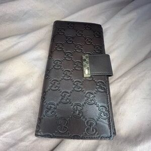 Gucci Brown Embossed Leather Long Wallet with Gold-Tone Hardware